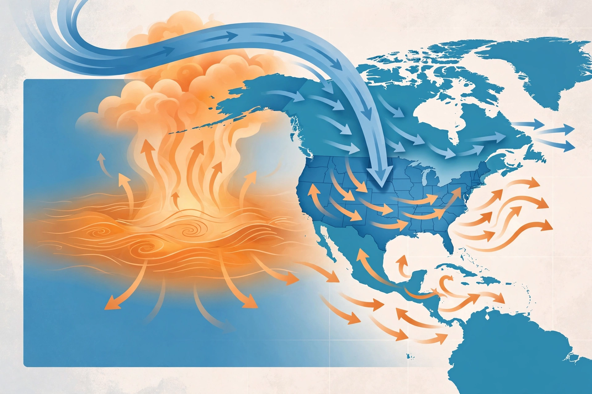 Diagram explaining El Niño warm ocean water and jet stream patterns affecting the United States
