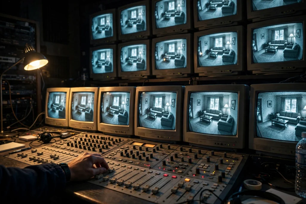 Primetime movie release date — vintage 2006 TV news studio with hidden cameras cinematic still