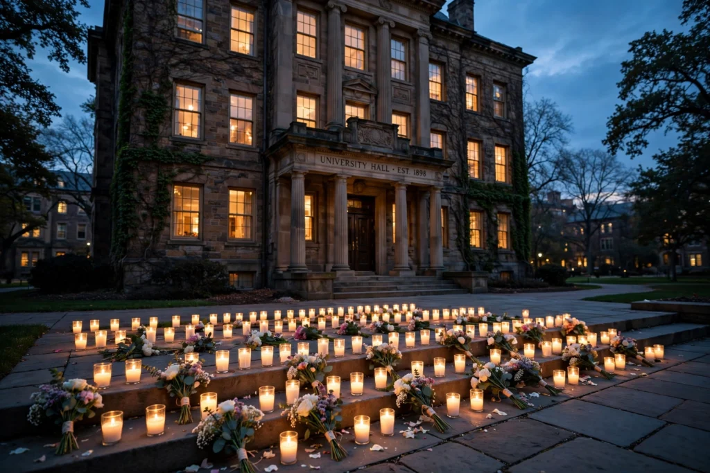 Memorial candles and flowers at a college campus vigil