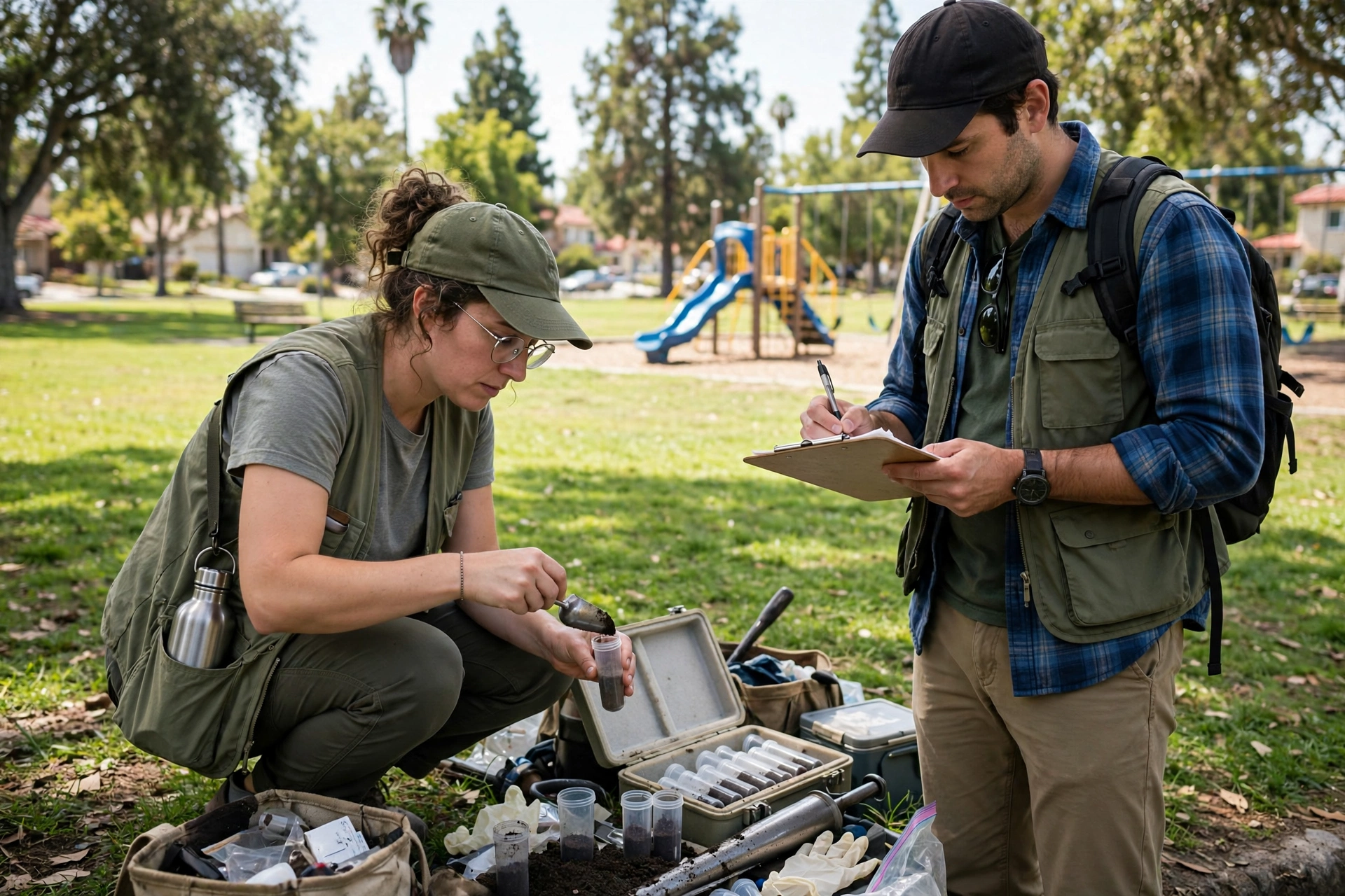 Cal State Fullerton researchers collecting soil and water samples at Ladera Ranch parks during the cancer cluster investigation