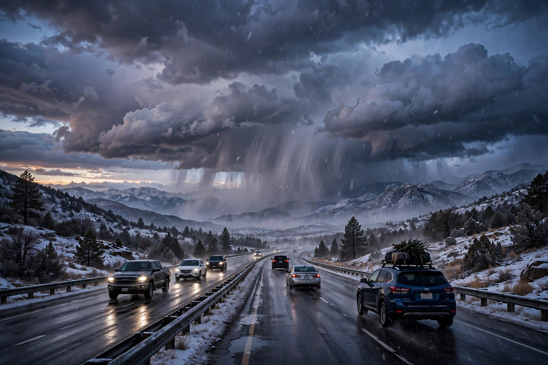 Winter storm clouds gathering over US highway with holiday travel traffic