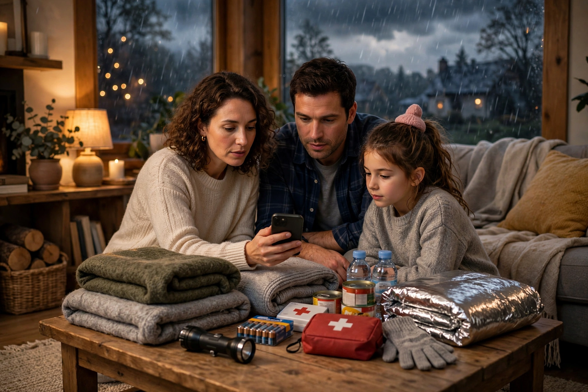 Family preparing emergency supplies and checking weather forecast on phone during winter storm