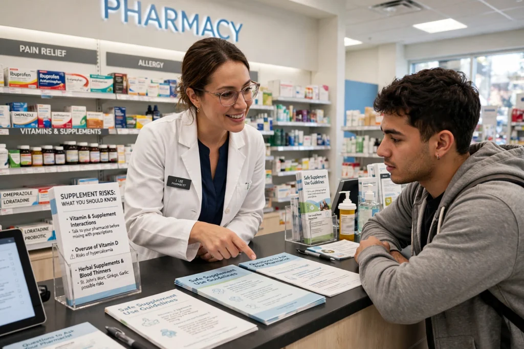 A pharmacist counseling a patient about supplement risks