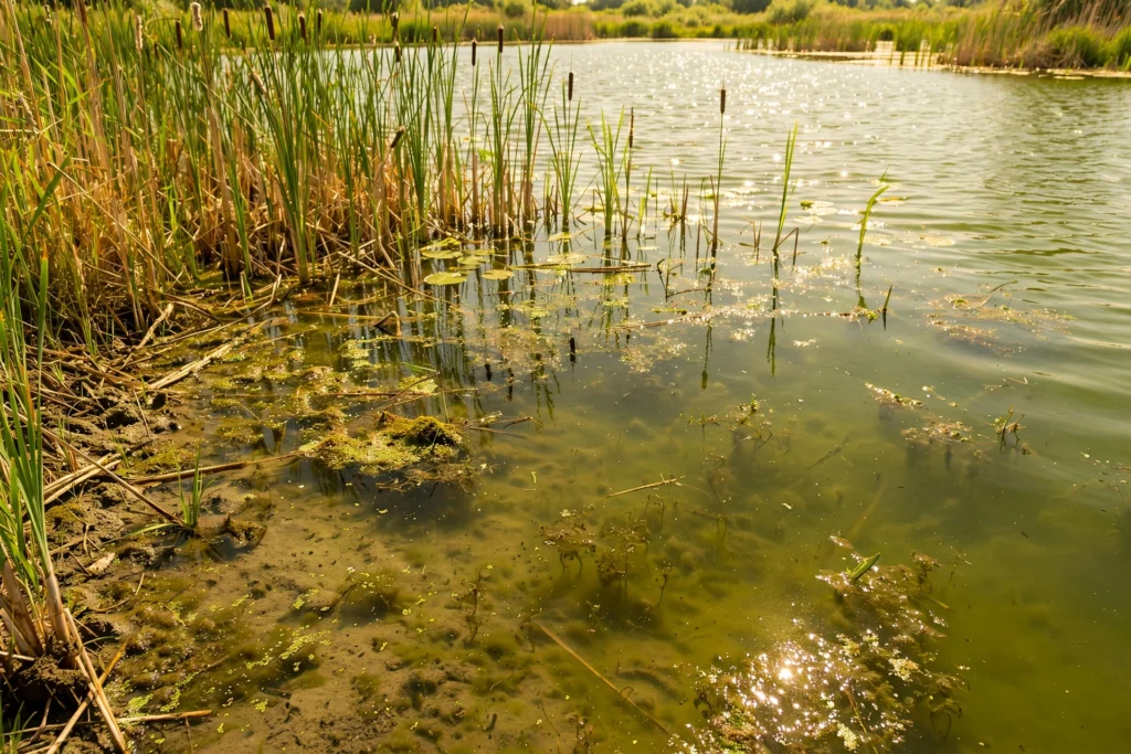Warm freshwater lake in summer, natural habitat of Naegleria fowleri