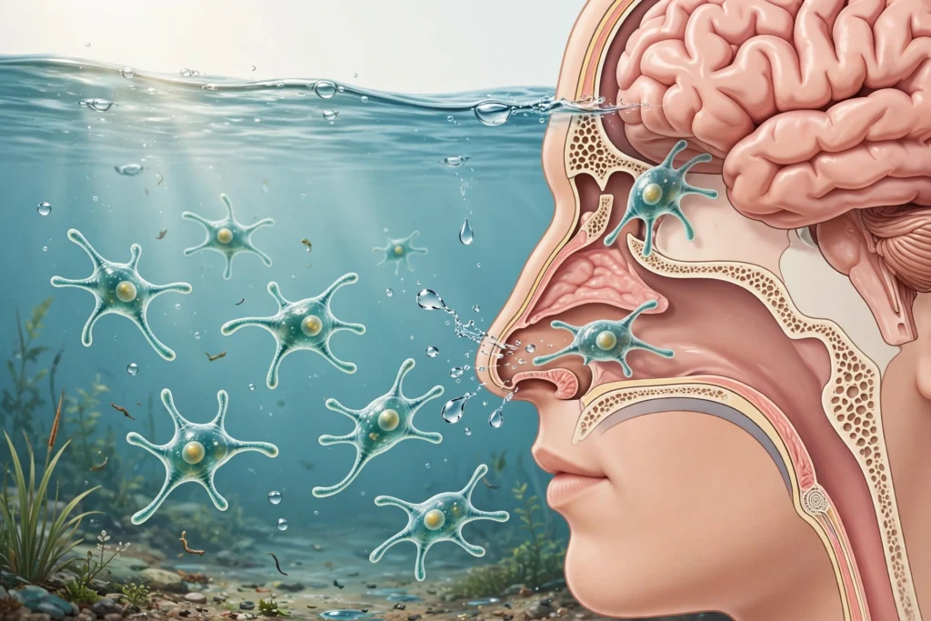 Illustration showing how the brain-eating amoeba enters through the nose while swimming