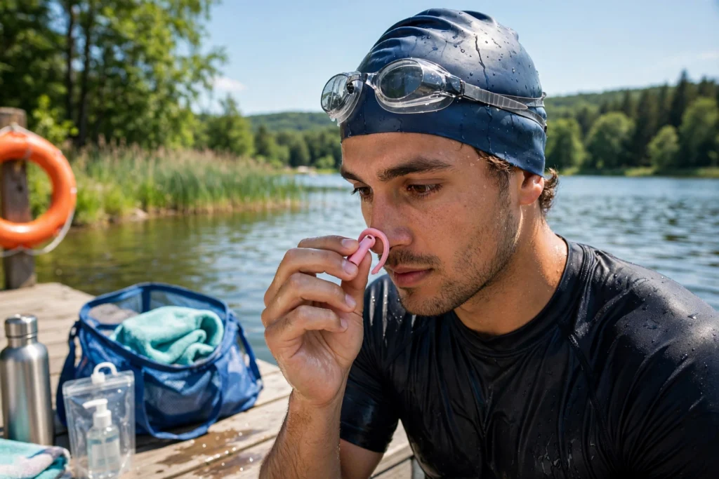 Swimmer wearing a nose clip to prevent brain-eating amoeba infection