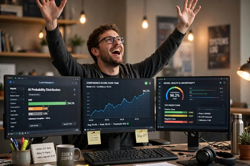 Software developer celebrating while AI probability dashboards glow on multiple monitors