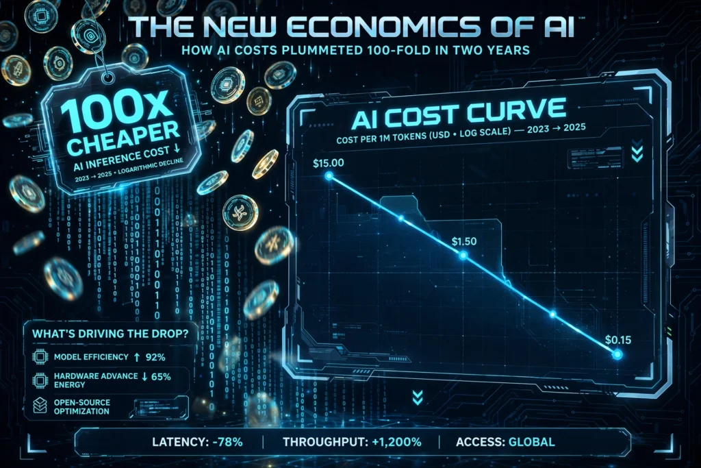 Futuristic illustration of falling AI cost curves with a glowing 100x cheaper price tag