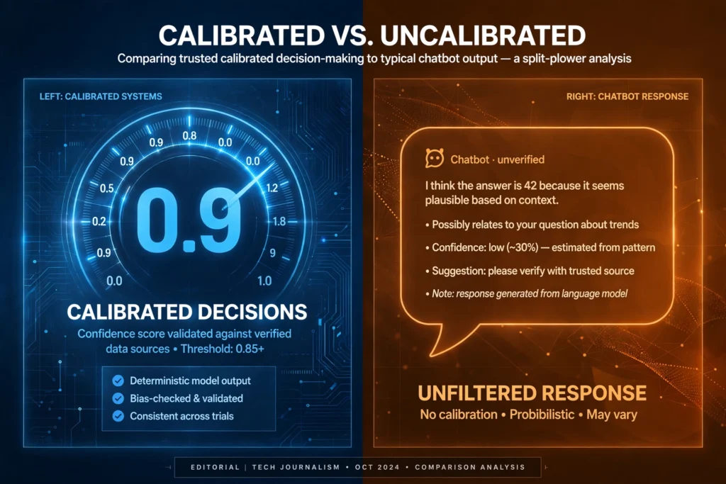 Side-by-side comparison graphic of Jev probability outputs versus traditional LLM text outputs