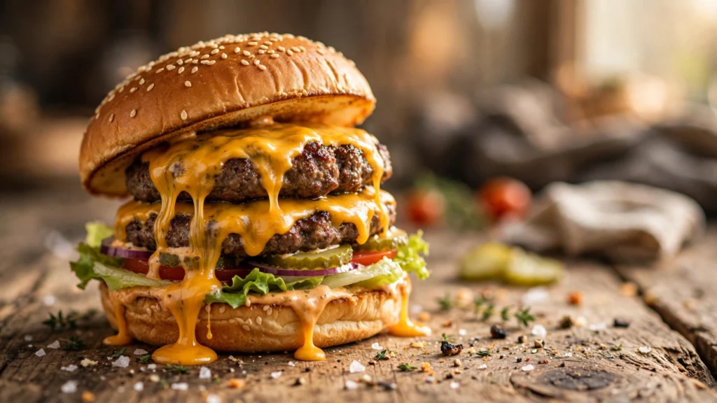 Close-up of a double cheeseburger with melting cheese and a sesame seed bun