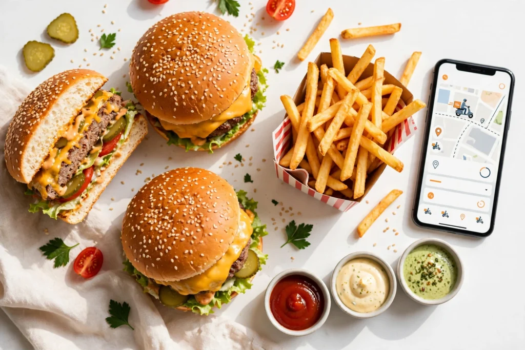Flat-lay of cheeseburgers, fries, and dipping sauces with a smartphone on a rustic table