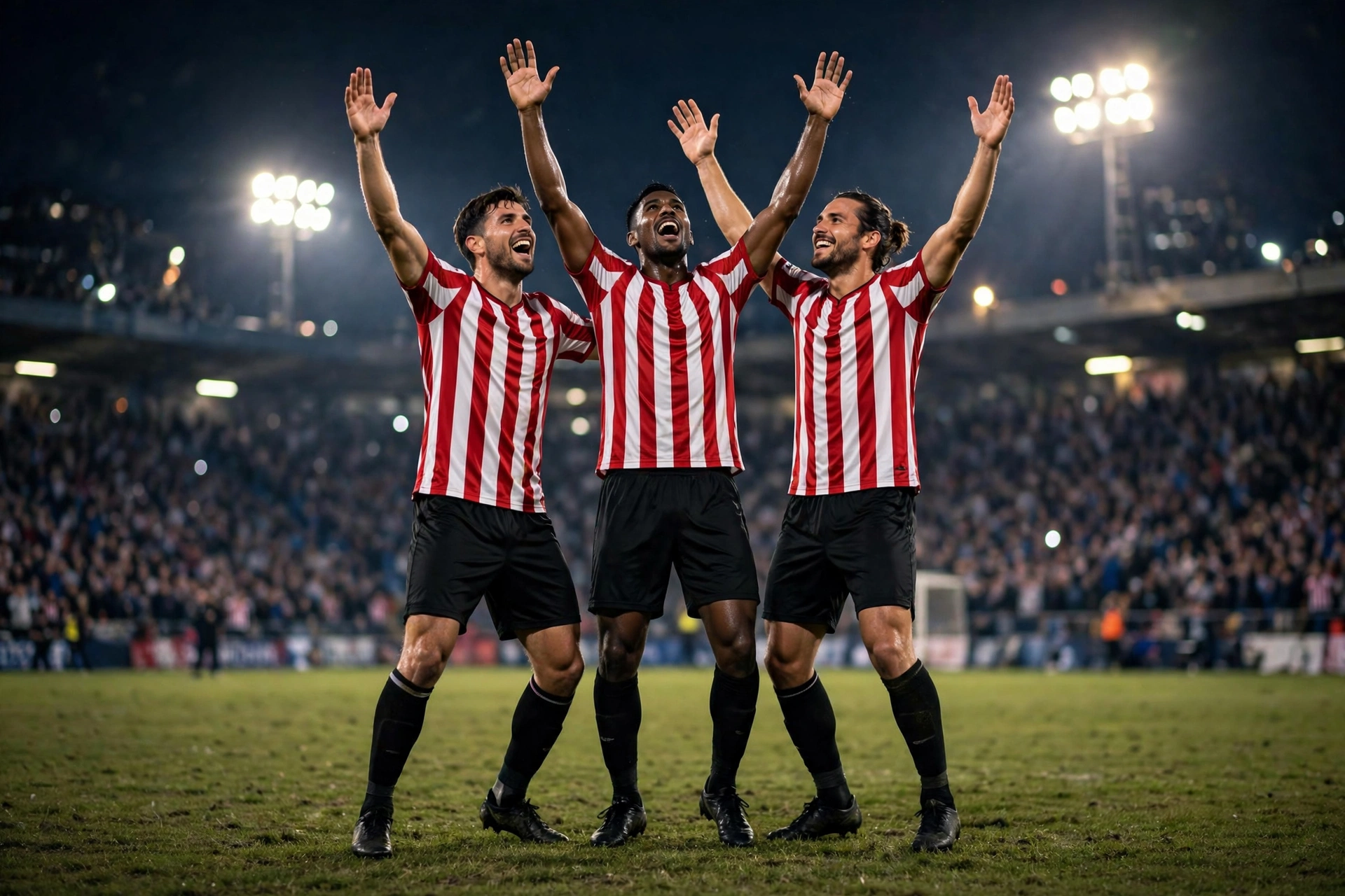 Chivas players in red and white striped jerseys celebrating a goal at night