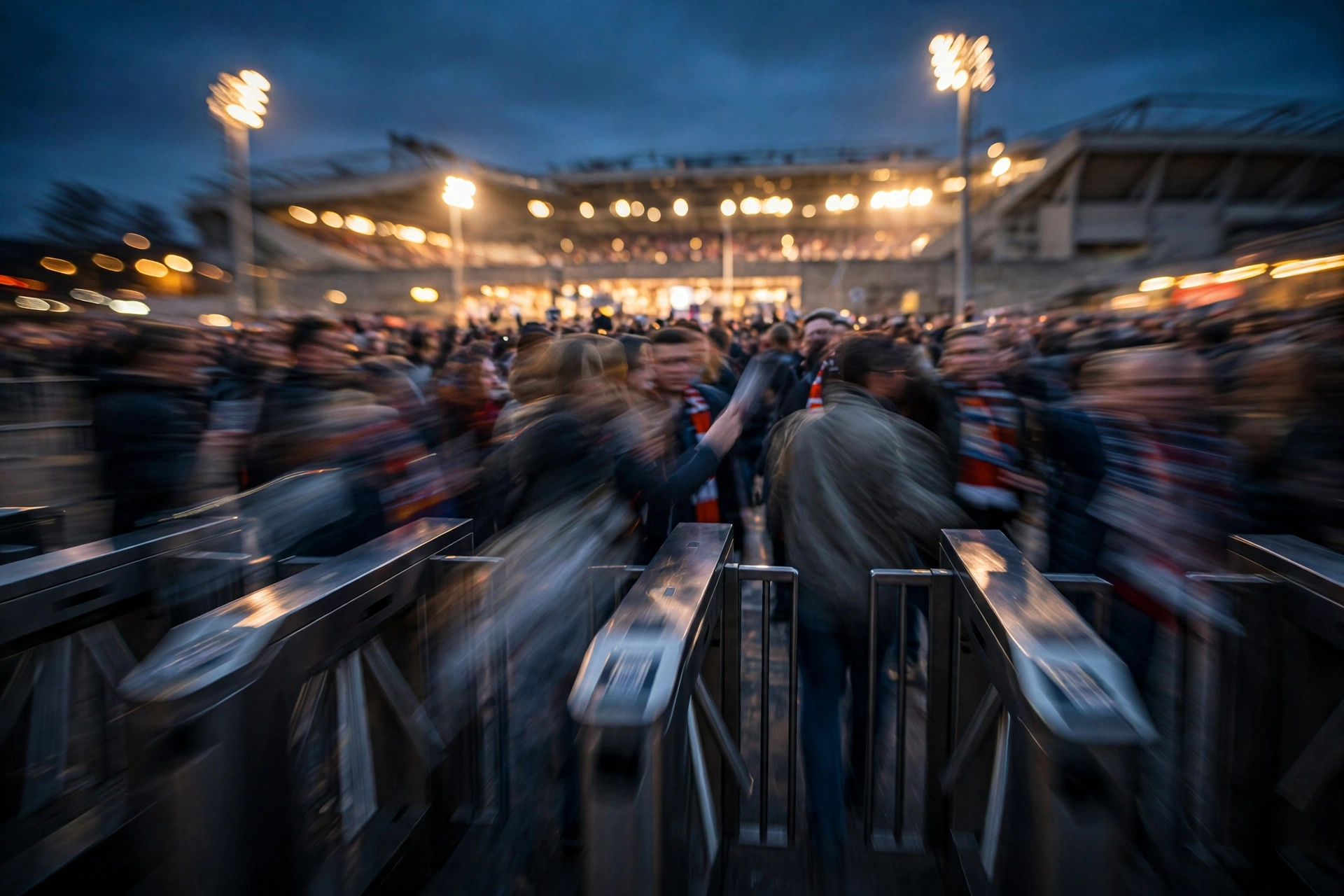 Football fans walking through stadium turnstiles at dusk holding tickets