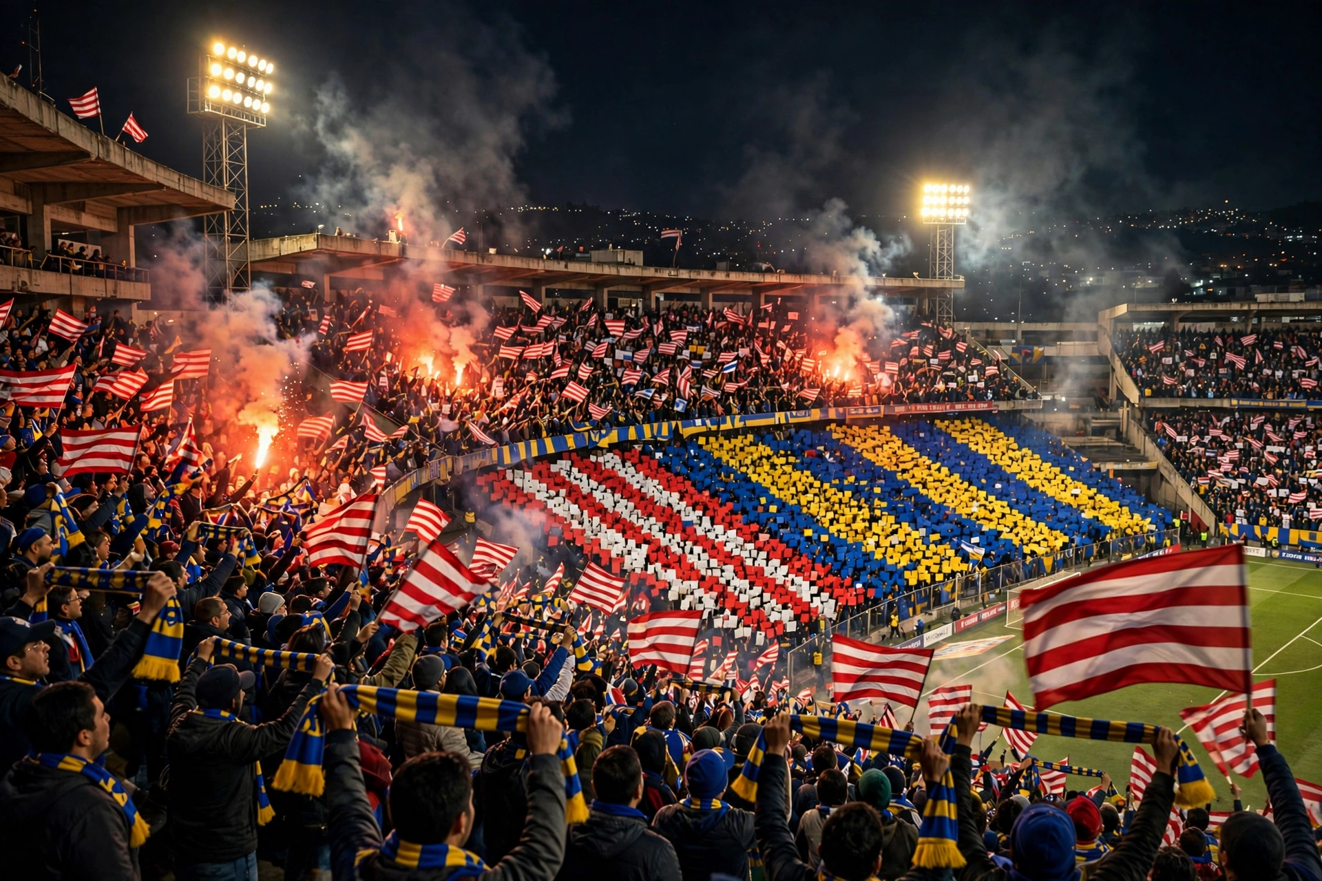 Floodlit Mexican football stadium packed with fans waving red-white and blue-yellow flags during the Clásico Nacional