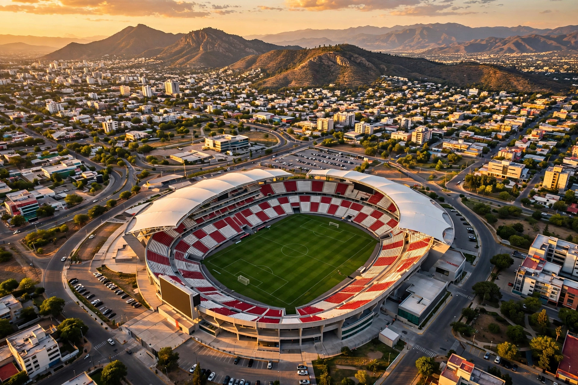 Aerial view of Estadio Akron in Guadalajara at golden hour with red and white seats