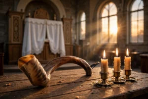 Shofar and lit candles in a synagogue at sunset for Yom Kippur 2026