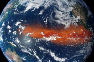 Satellite view of El Niño 2026 warm water anomaly in the tropical Pacific Ocean