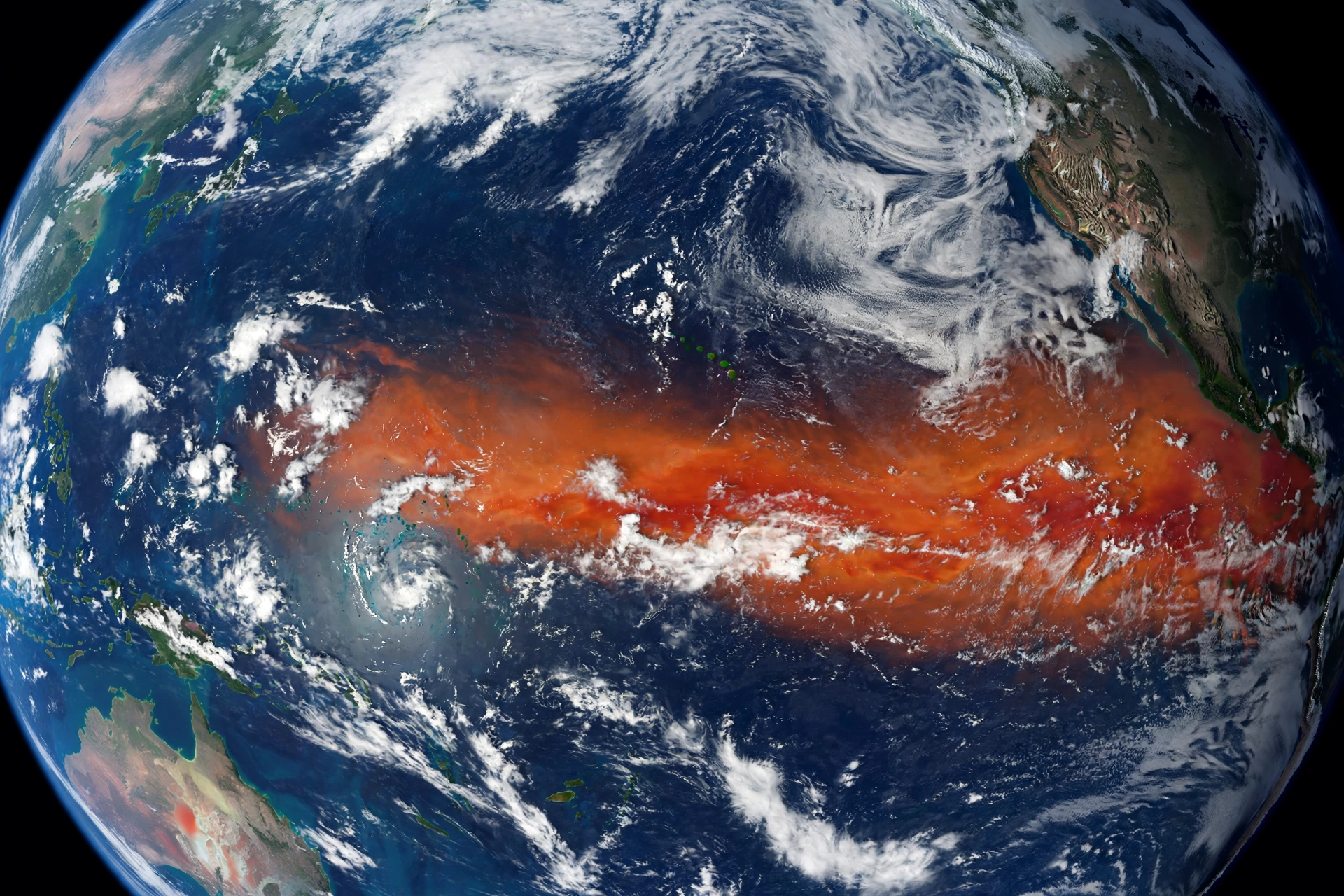 Satellite view of El Niño 2026 warm water anomaly in the tropical Pacific Ocean