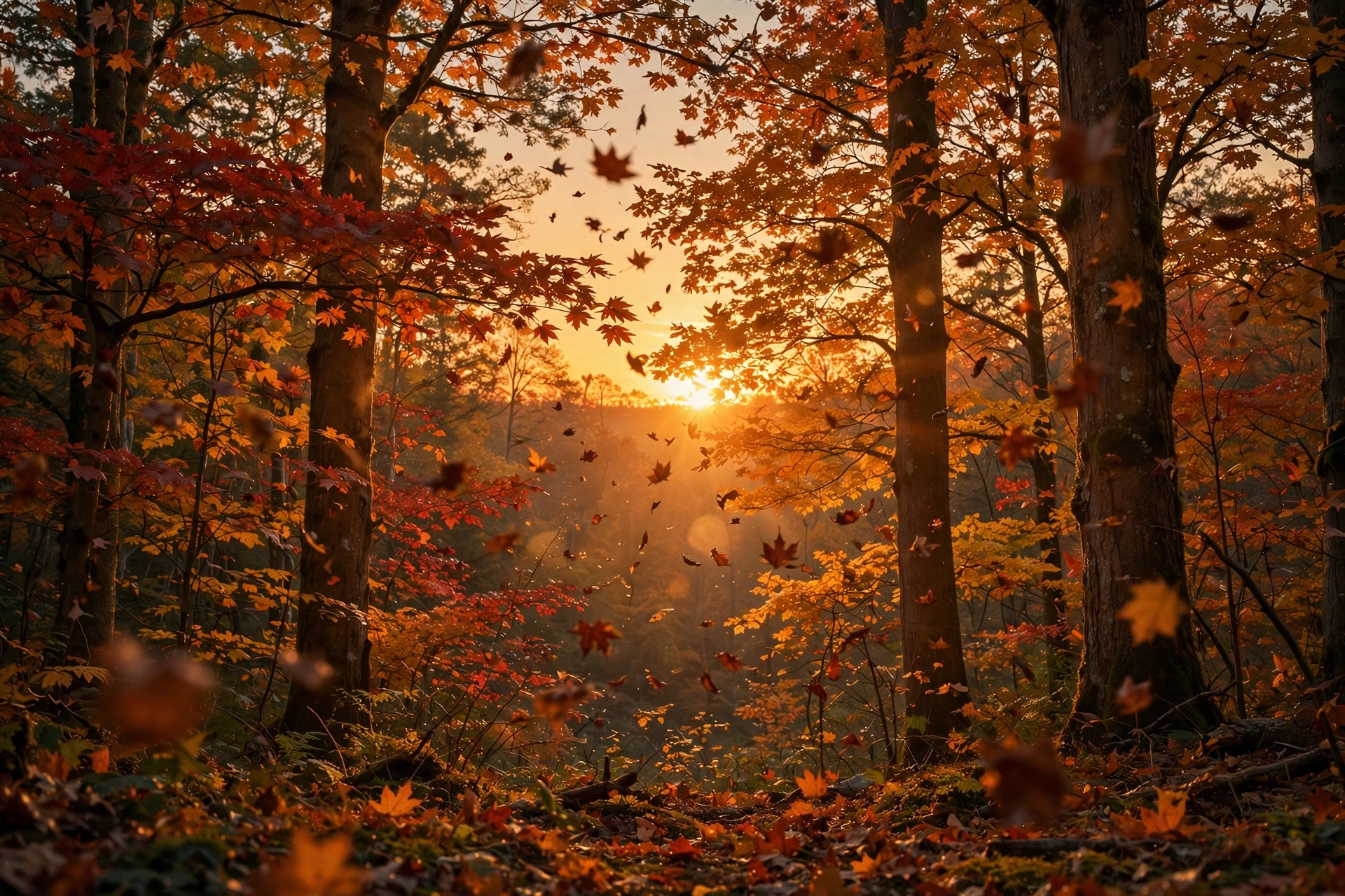 First day of fall 2026 — golden autumn equinox sunset over a forest with falling leaves