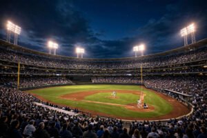 Padres vs Dodgers September 2026 night game at Dodger Stadium, packed crowd under the lights