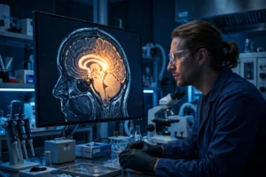 Scientific illustration of half-human brain mice research at Stanford University showing a human cortical organoid transplanted into an engineered mouse brain