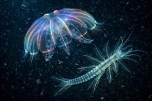 Bioluminescent deep sea species in dark ocean midwater, glowing jelly and gossamer worm