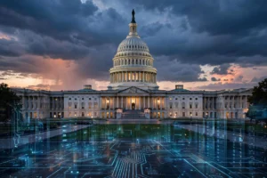 US Capitol building at dusk with digital server imagery representing the Senate data center bill debate