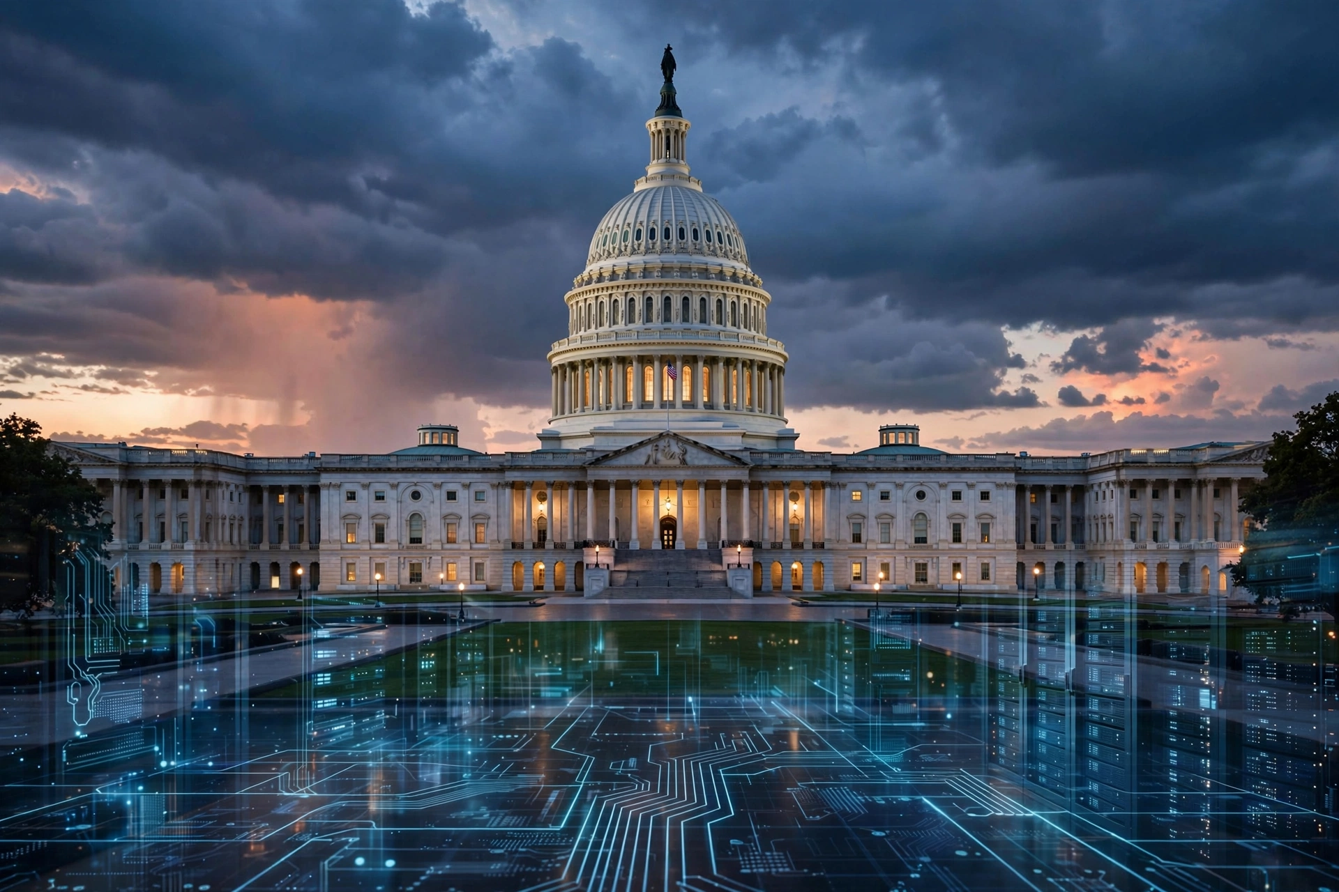 US Capitol building at dusk with digital server imagery representing the Senate data center bill debate