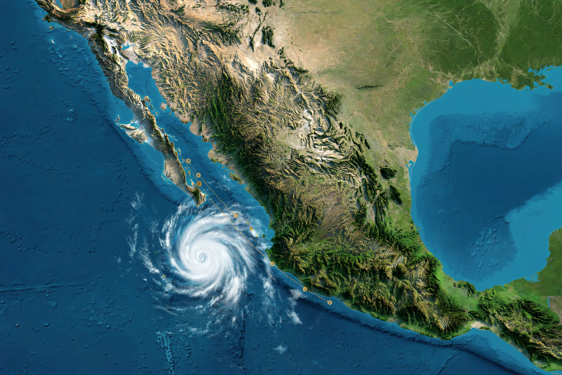Forecast track map of Hurricane Polo curving along the Pacific coast of southwestern Mexico near Manzanillo and Zihuatanejo