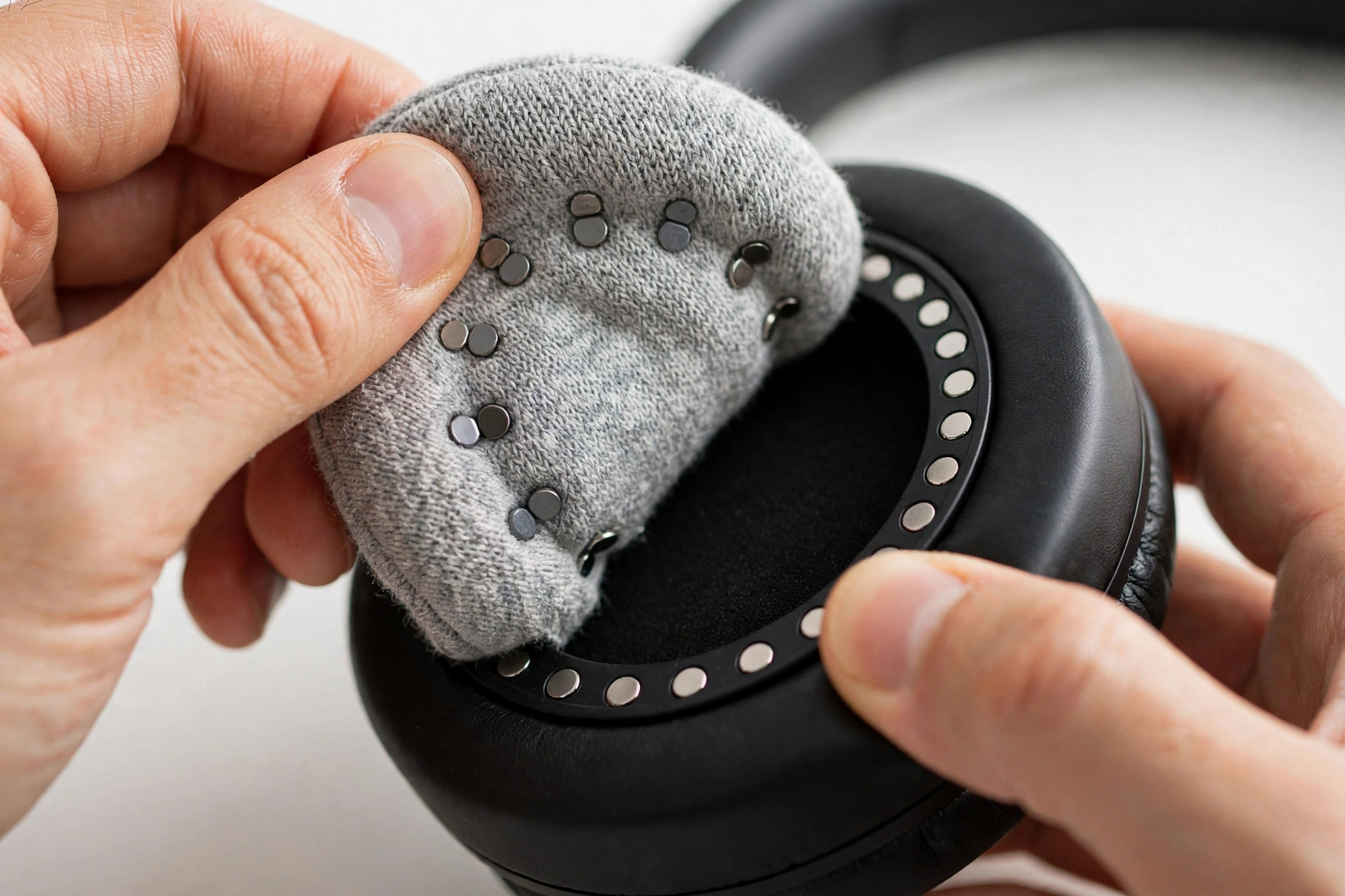 Close-up of Beats 360 swappable earcup cushion being detached from over-ear headphone