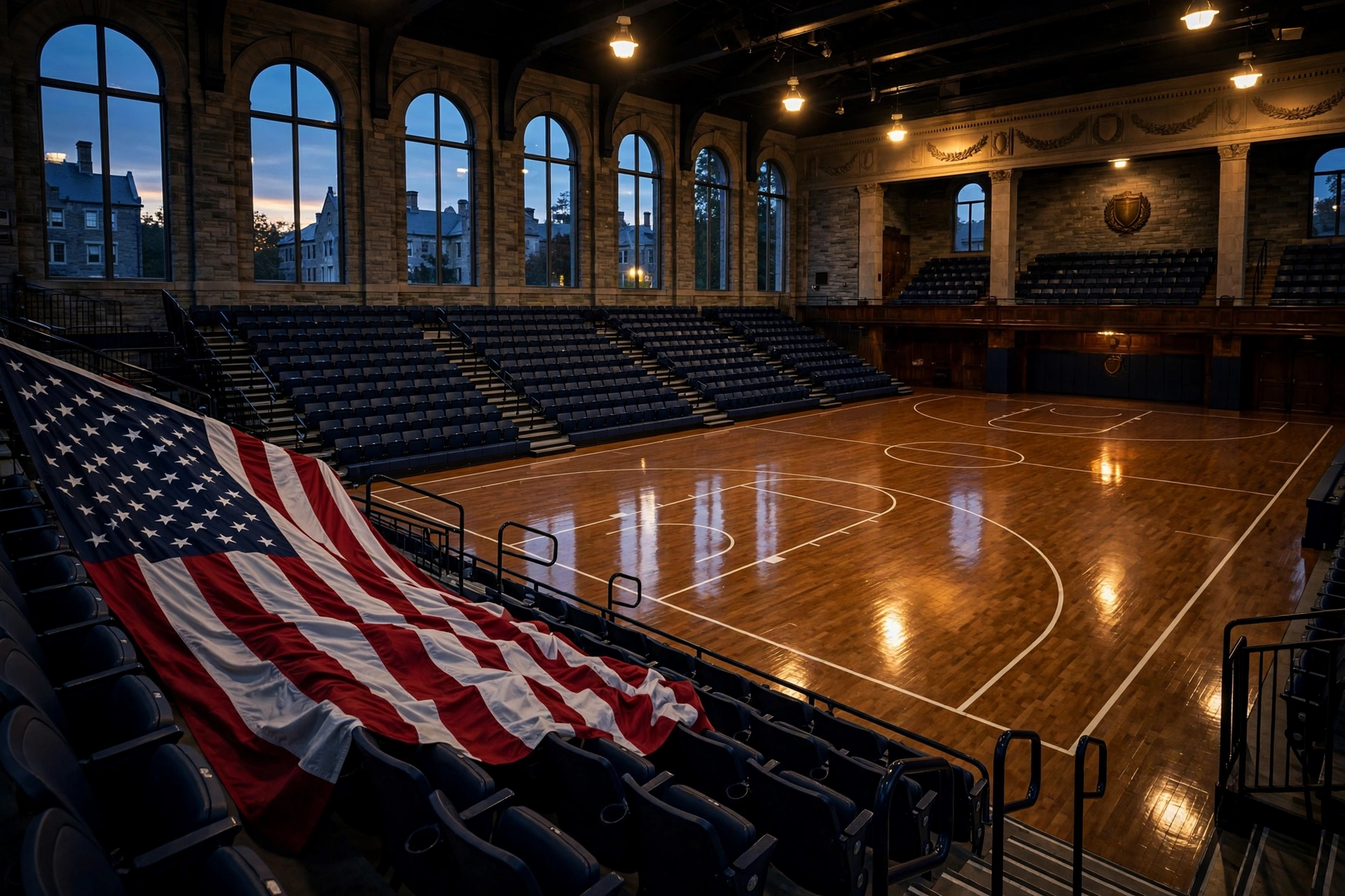 Chris Spatola Army West Point basketball career - empty college basketball court at dusk with American flag
