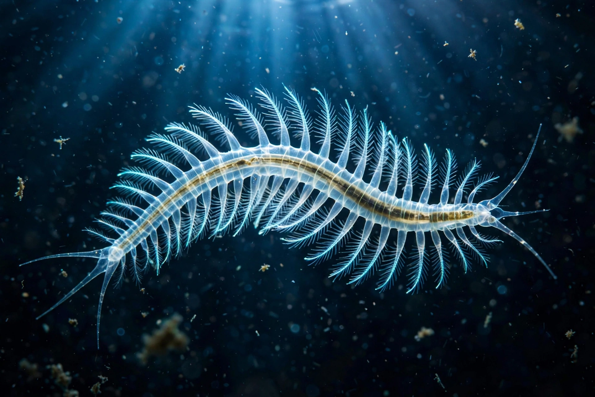 Ghostly gossamer worm bioluminescent in deep ocean water