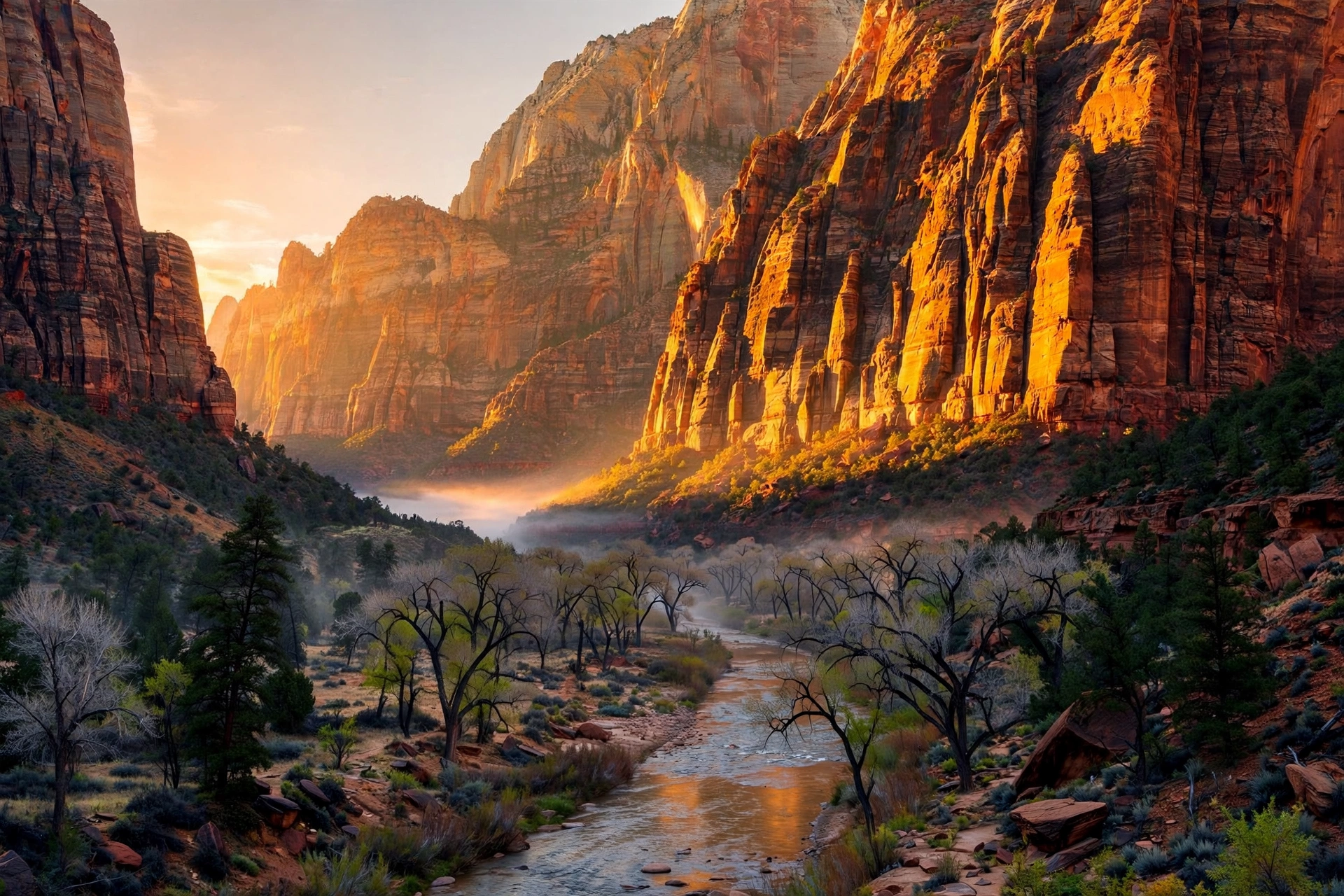 Towering red sandstone cliffs of Zion National Park at sunrise