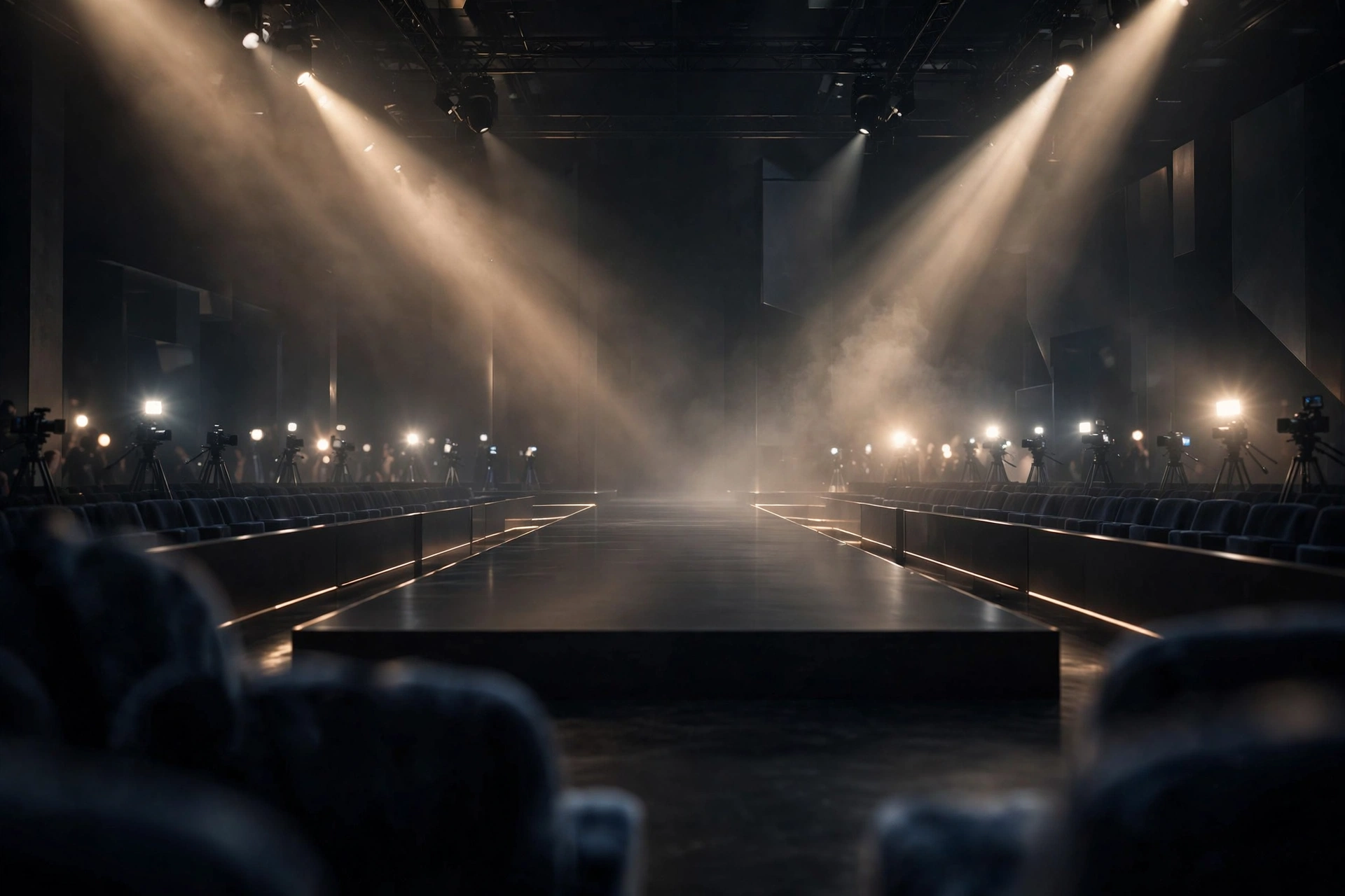 Empty fashion runway with dramatic spotlights, symbolizing Presley Gerber's modeling career