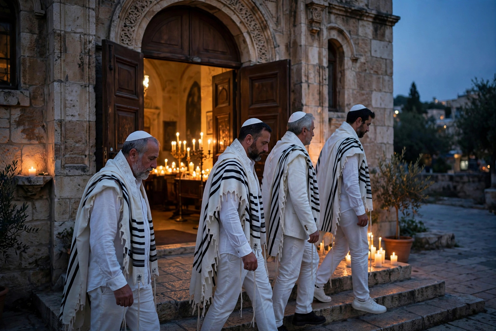 Worshippers in white arriving at a synagogue for Kol Nidre on Yom Kippur 2026