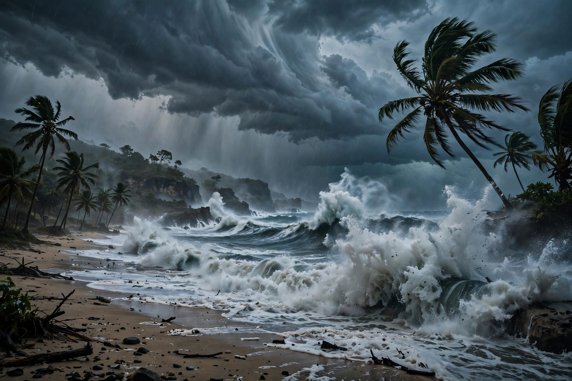 Hurricane Polo storm surge waves crashing against the Mexican Pacific coast with dark storm clouds