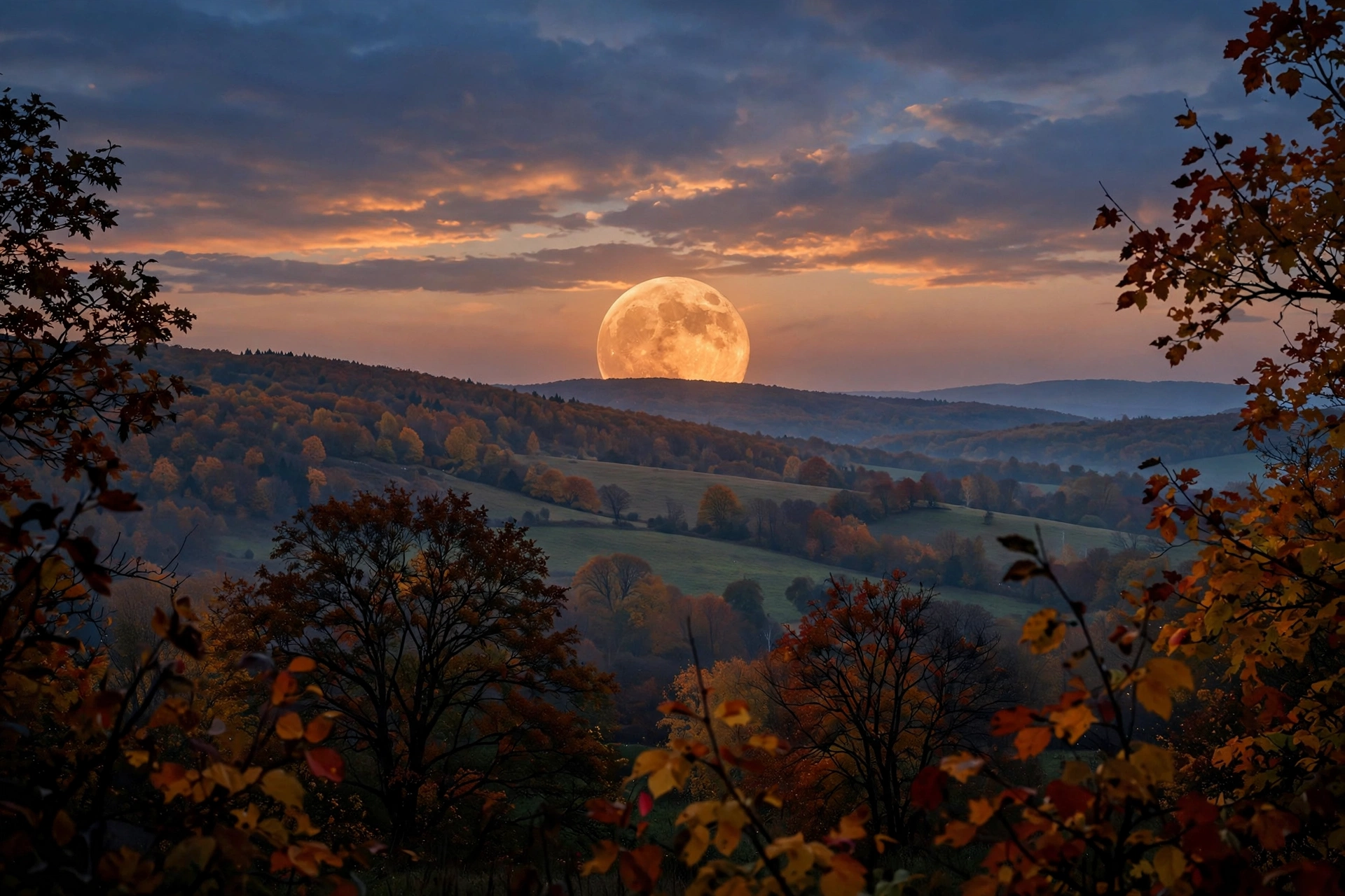 Harvest Moon rising over autumn hills on the first day of fall 2026
