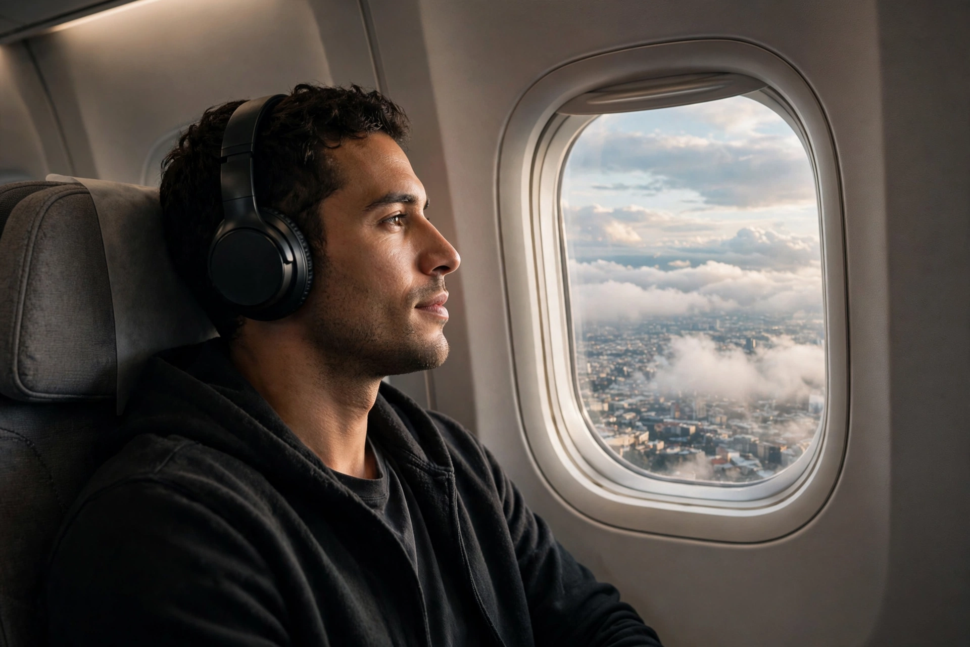 Person wearing Beats 360 over-ear headphones on an airplane using noise cancelling