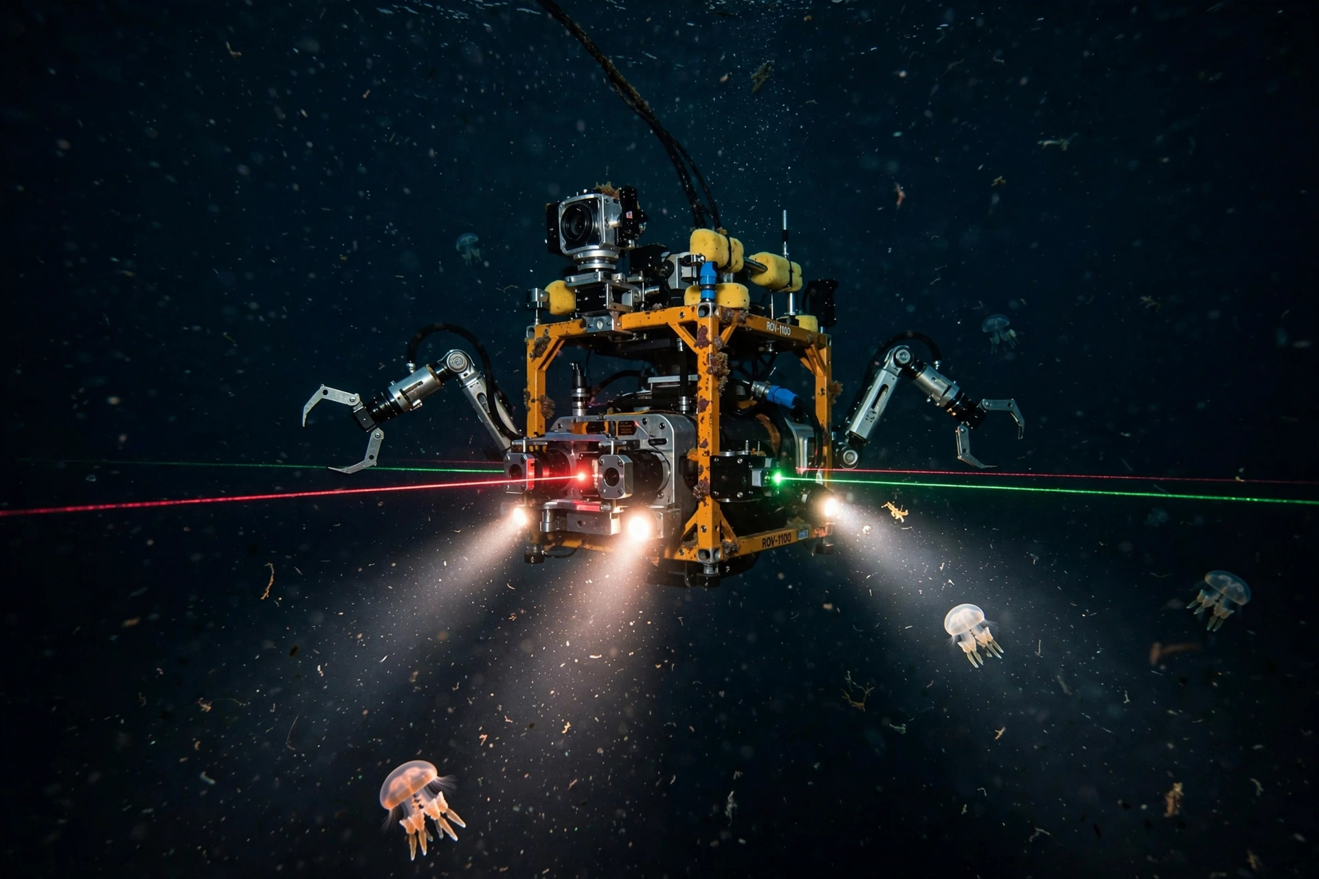 ROV SuBastian with laser scanning instruments exploring deep ocean midwater