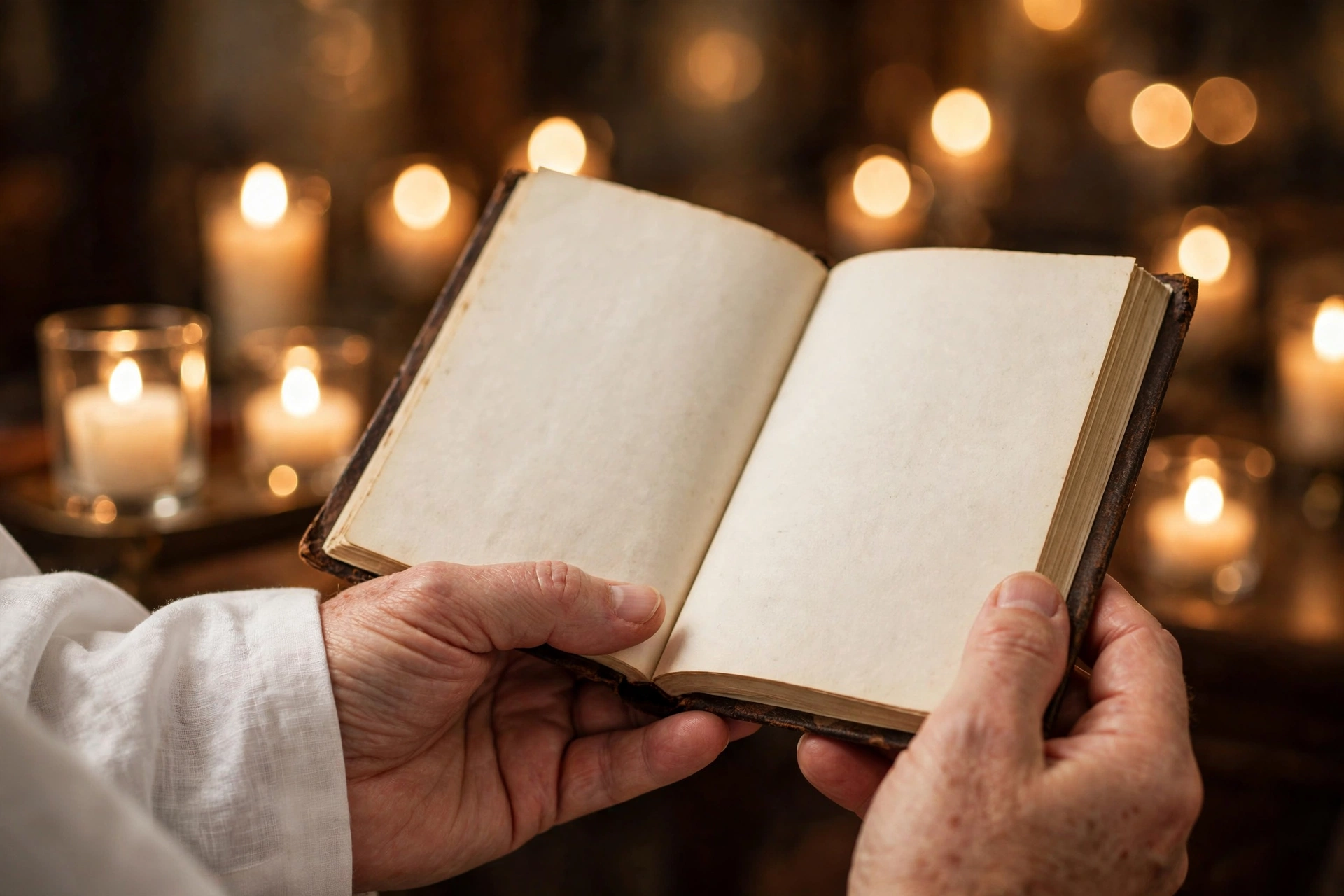 Hands holding a Yom Kippur prayer book, white kittel sleeve visible