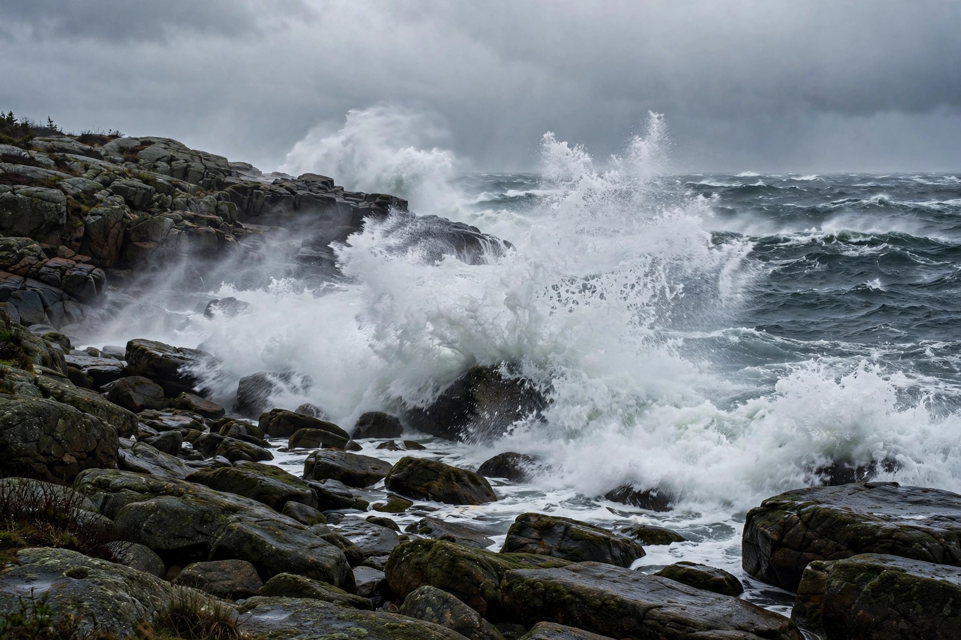 Waves crashing on a rocky New England shoreline during a nor'easter storm