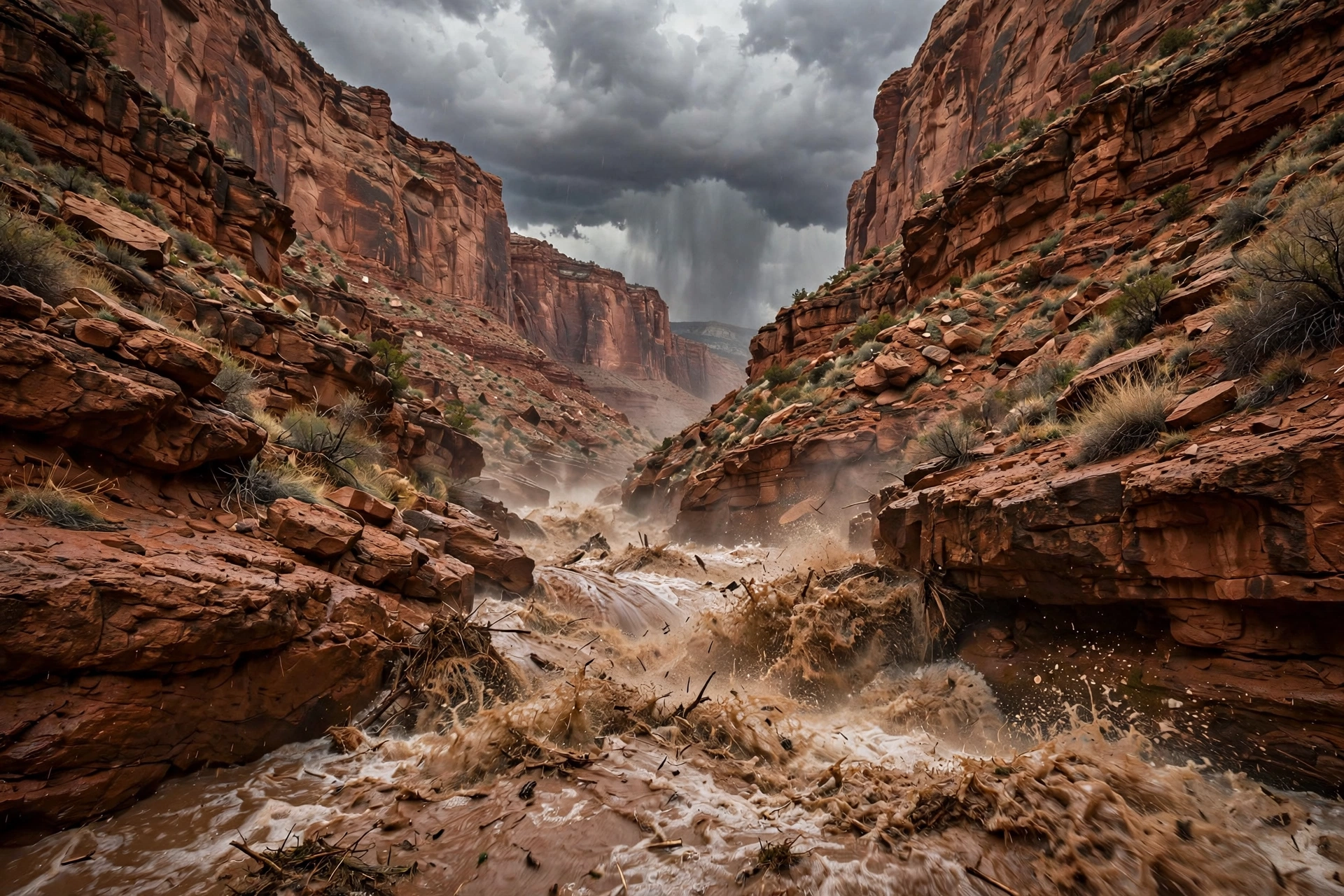 Flash flood waters rushing through a desert canyon in the U.S. Southwest during Hurricane Polo moisture surge