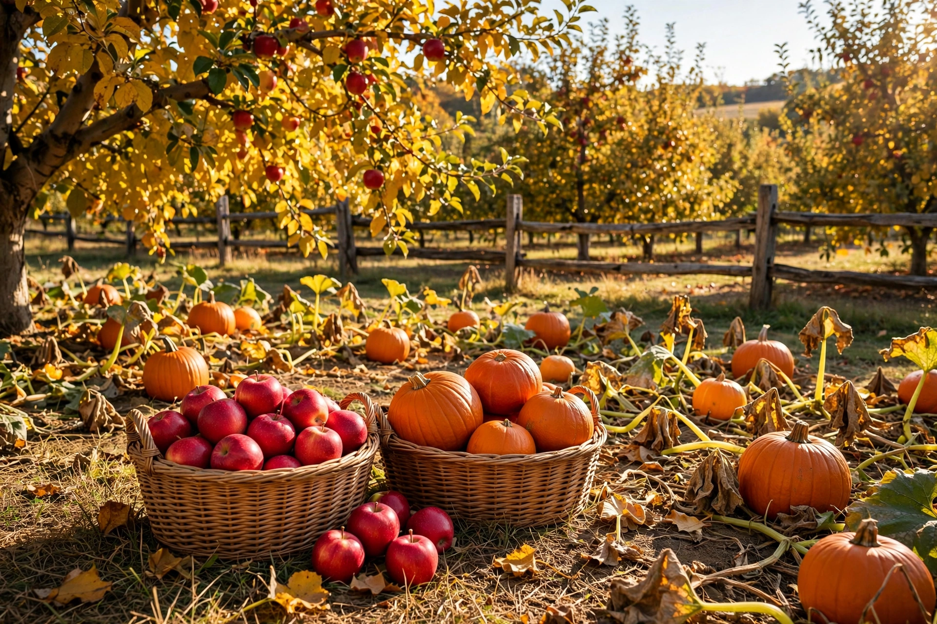 Cozy autumn celebration — pumpkin patch and apple orchard at harvest time