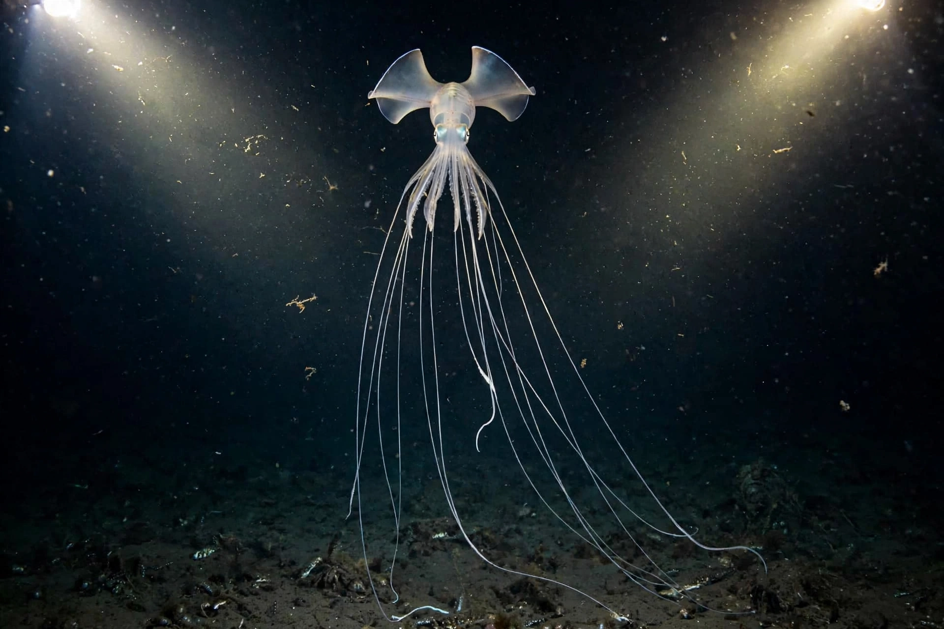 Rare bigfin squid Magnapinna floating above the seafloor in the deep ocean