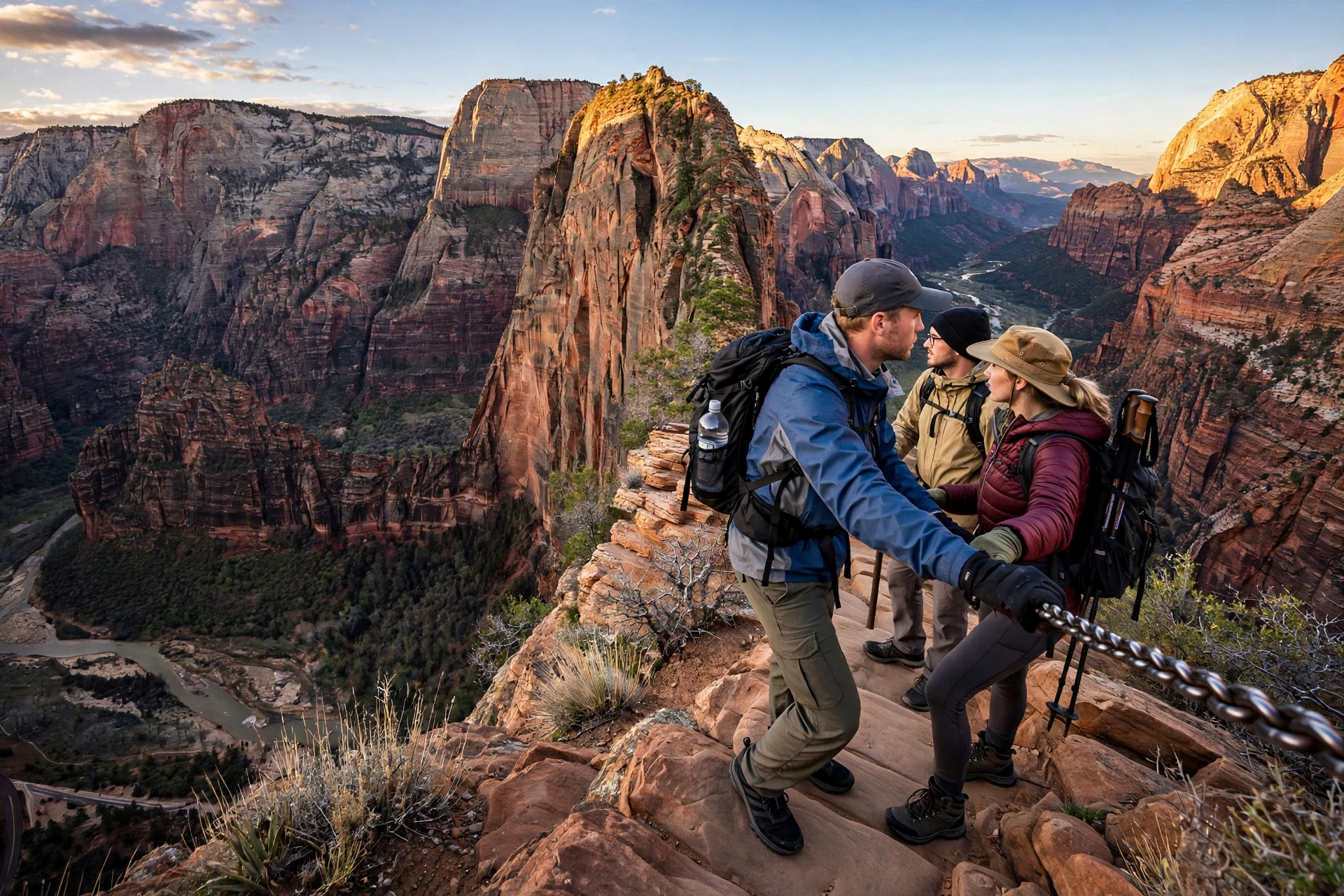 Hikers on the chained section of Angels Landing in Zion National Park