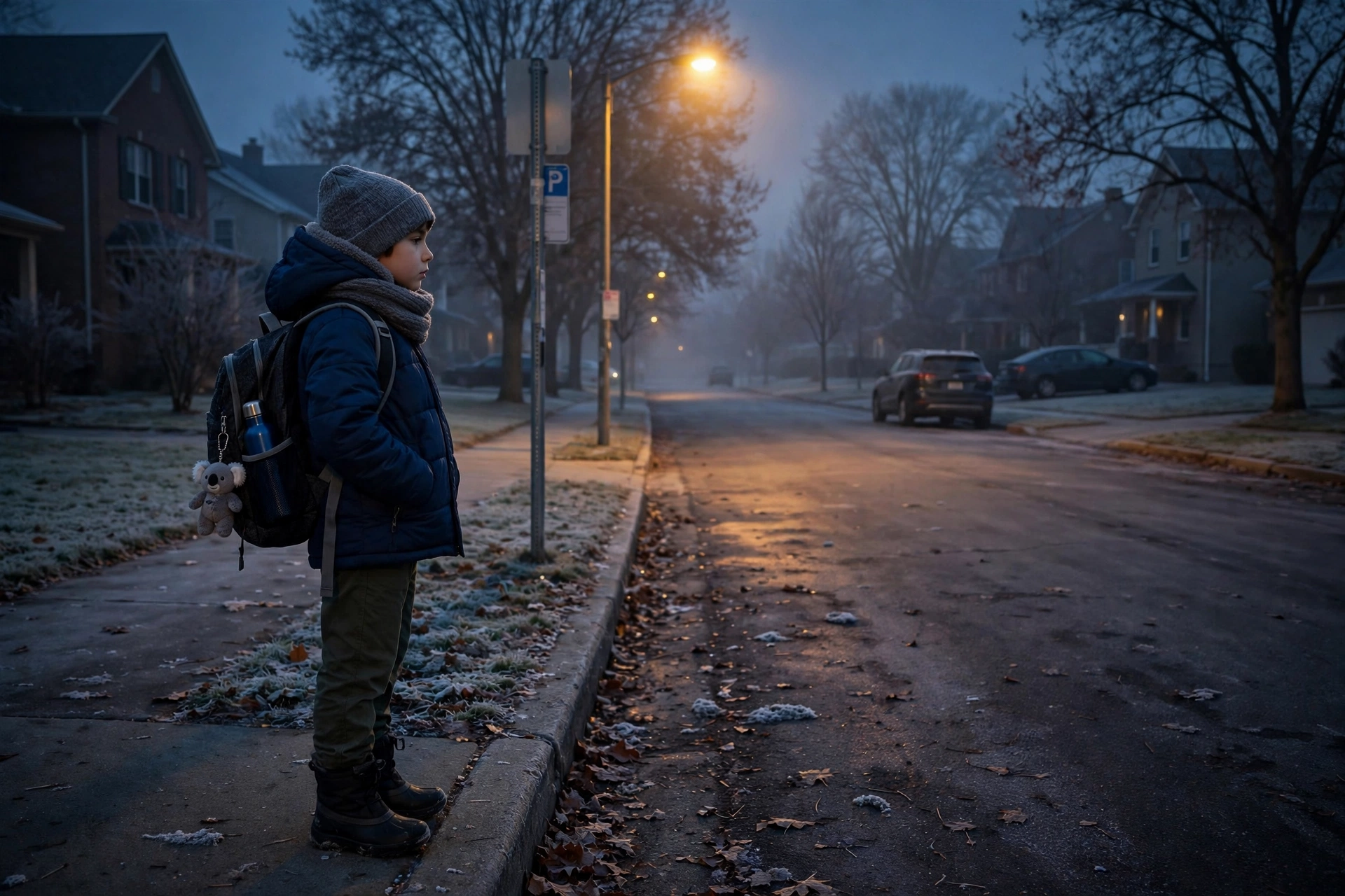 A child waiting at a school bus stop in the dark on a winter morning, a concern raised in the permanent daylight savings time debate