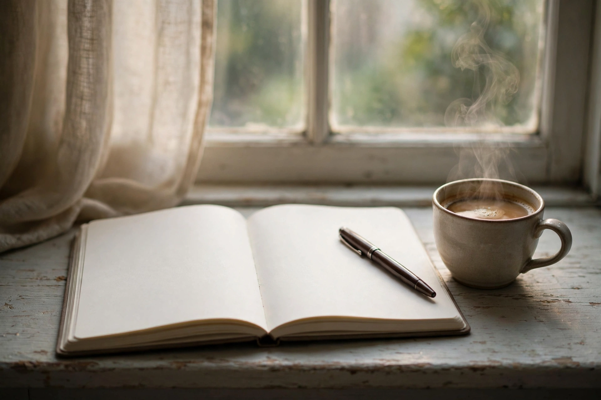 Journal and pen on a windowsill representing mental health awareness and honest conversation