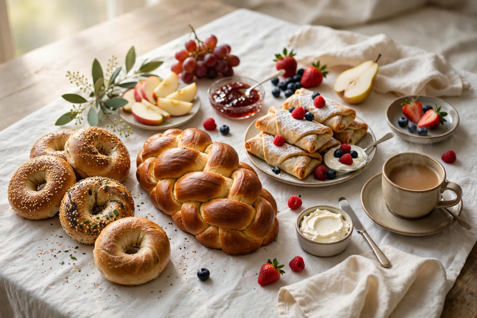 Break-fast table with bagels, challah, fruit and blintzes after Yom Kippur 2026