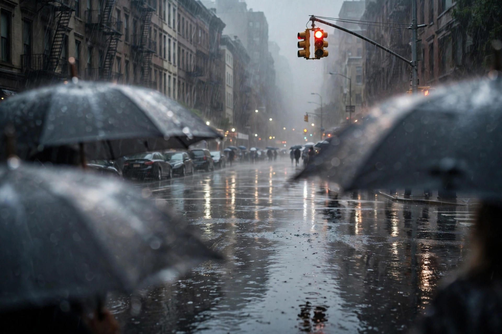 Rain-soaked East Coast city street during a nor'easter storm