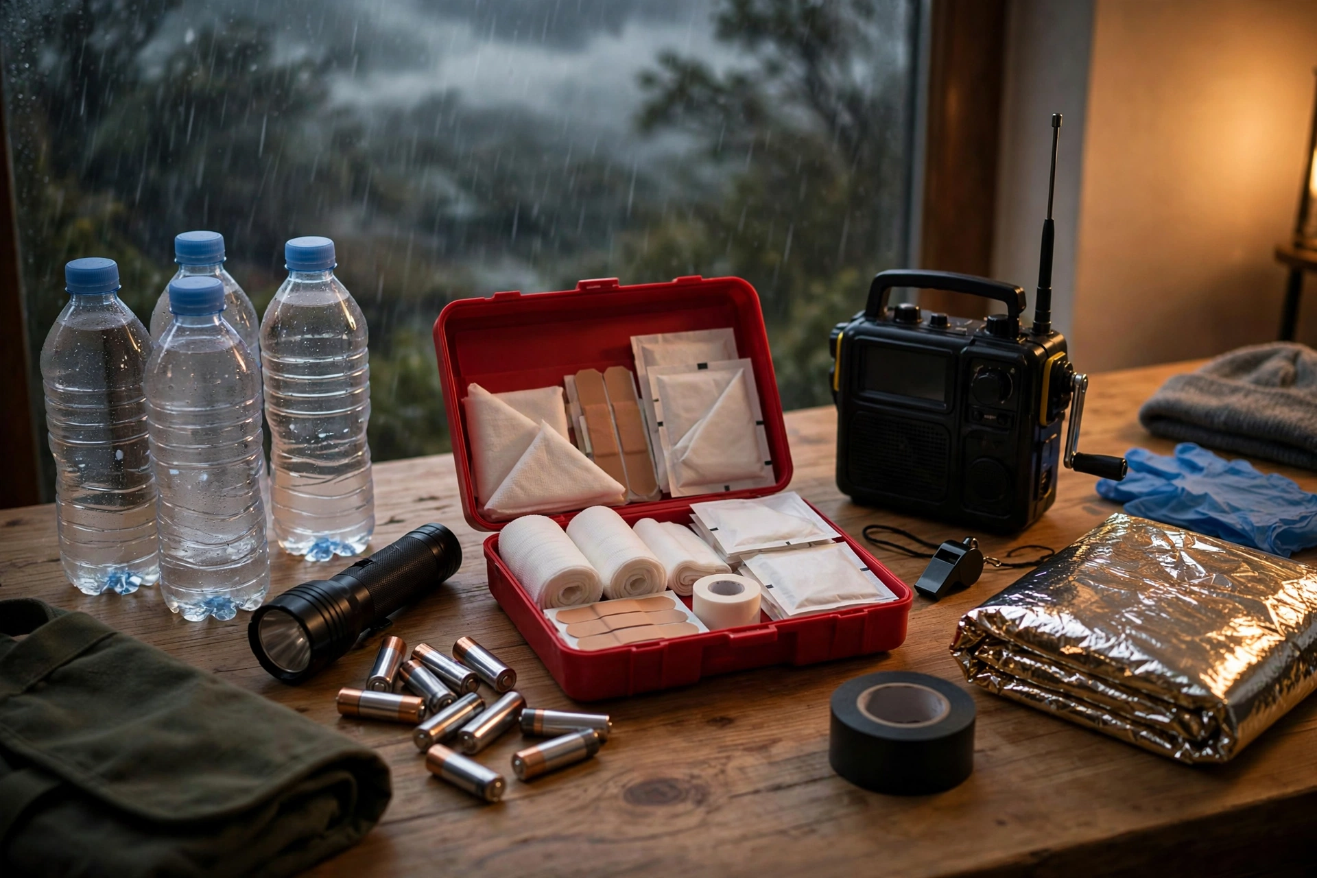 Emergency preparedness kit with water, flashlight, batteries and first aid supplies ready for Hurricane Polo